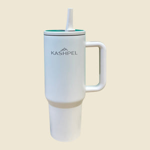 Kashpel 1.2L insulated stainless steel tumbler in white with a handle, straw, and green lid detail.