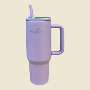 Kashpel 1.2L insulated stainless steel tumbler in matte lavender with a handle, lid, and straw.