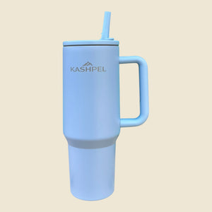 Kashpel 1.2L light blue stainless steel insulated tumbler with handle, straw lid, and matte finish.