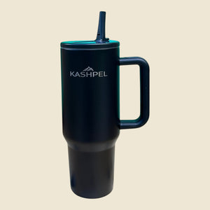 Kashpel 1.2L matte black insulated stainless steel tumbler with handle, straw, and leak-proof lid.