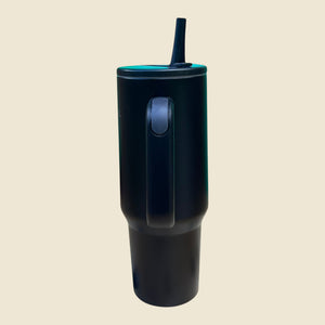 Kashpel 1.2L matte black stainless steel insulated tumbler with a sturdy handle and straw lid.