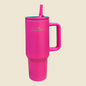 Kashpel 1.2L insulated stainless steel tumbler in bright pink with a handle, lid, and straw.