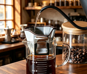 Återanvändbart pour-over-kaffefilter i rostfritt stål med hållare under bryggning över en glaskanna