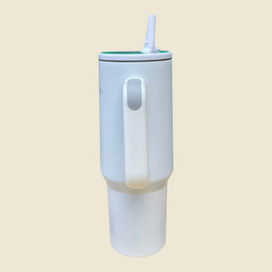 Kashpel 1.2L white insulated stainless steel tumbler with handle, straw, and green lid detail