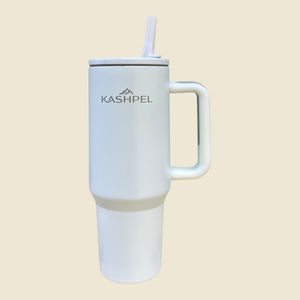 Kashpel 1.2L white insulated stainless steel tumbler with handle, straw, and matte finish for hot or cold drinks.